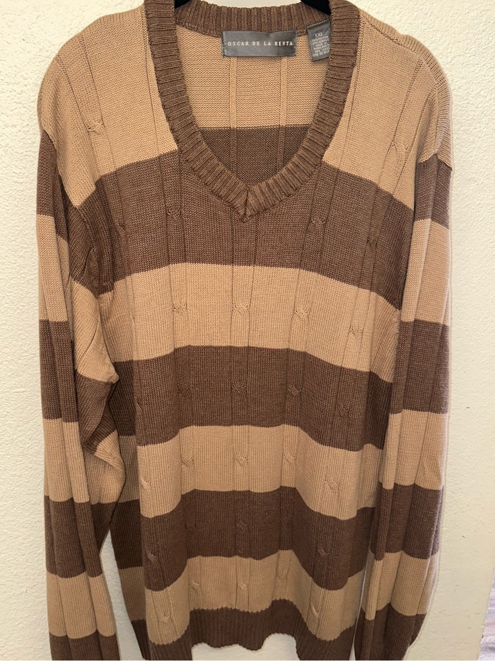 Oscar de la Renta Men's Striped V-Neck Sweater in Brown and Tan